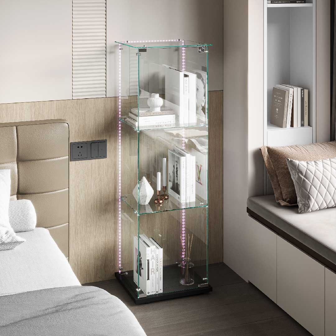 Beleuchtete Glasvitrine mit LED-Streifen, moderne Präsentationsvitrine
