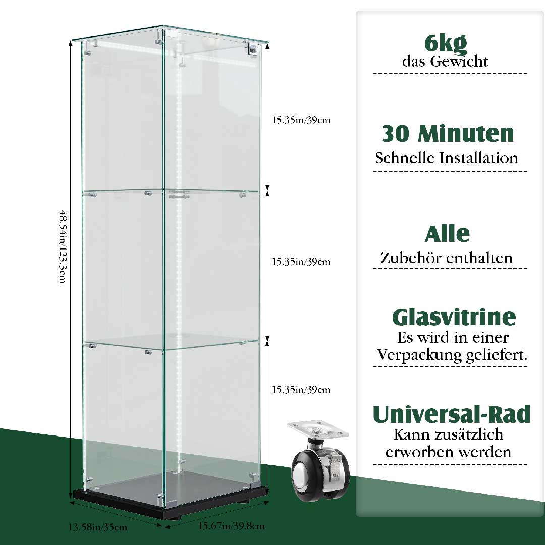 Detailansicht ESG-Glas und integrierte LED-Lichtleiste der Glasvitrine