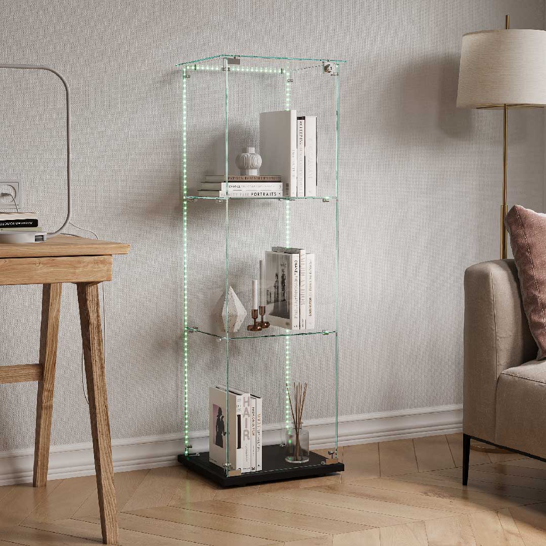 Glasvitrine mit LED im Schlafzimmer, platzsparende Standvitrine für Bücher