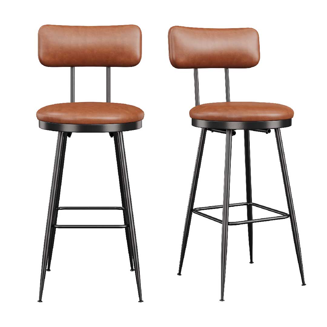 Yelenaro Barhocker Set 2er mit Lehne – braunes PU-Leder, 65 cm Sitzhöhe, stabile schwarze Metallbeine, modernes Design