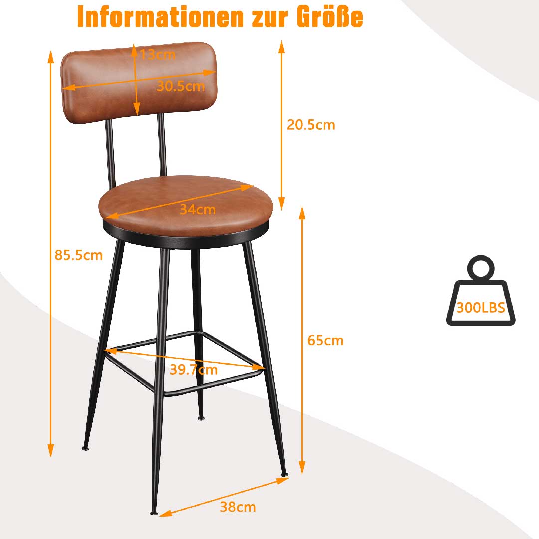 Maße des Yelenaro Barhocker mit Lehne – Sitzhöhe 65 cm, PU-Leder Sitzfläche, belastbar bis 300 lbs, ideal für Kücheninsel