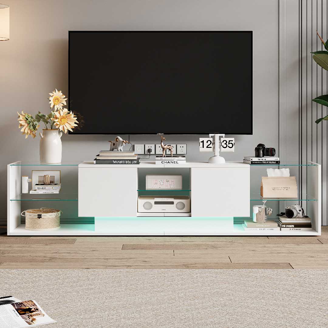 Yelenaro LED TV Lowboard 200 cm – Modernes TV-Möbel mit Glasregalen & RGB-Beleuchtung