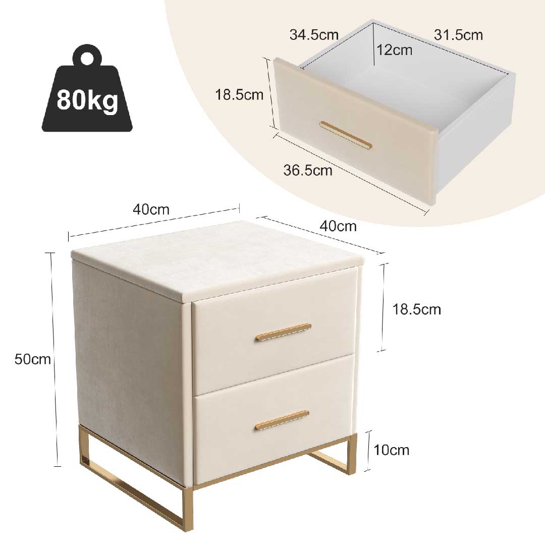 Yelenaro Nachttisch mit 2 Schubladen, Beige Samt & Gold