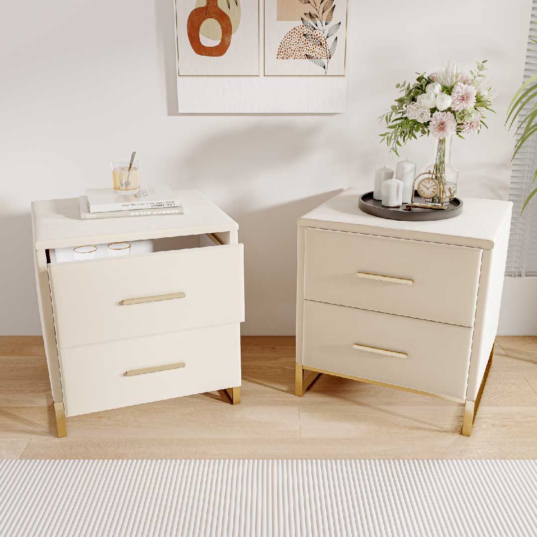 Yelenaro Nachttisch mit 2 Schubladen, Beige Samt & Gold