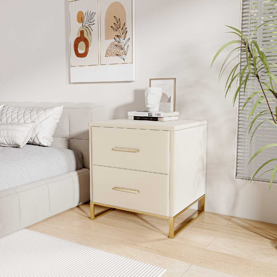 Yelenaro Nachttisch mit 2 Schubladen, Beige Samt & Gold