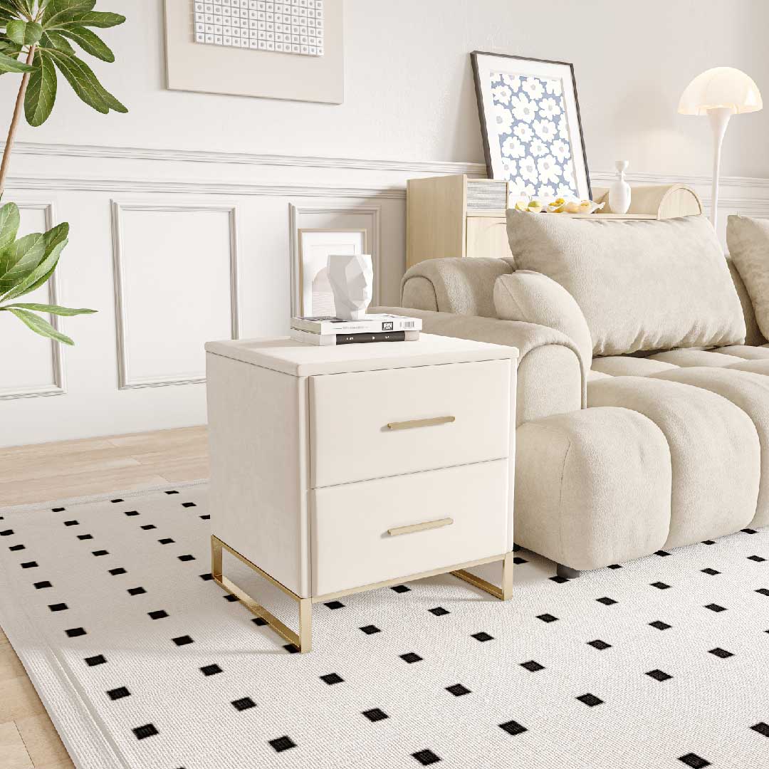 Yelenaro Nachttisch mit 2 Schubladen, Beige Samt & Gold