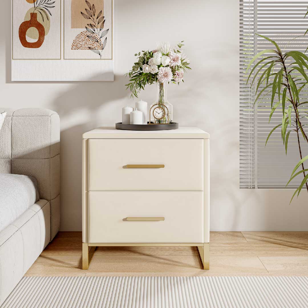Yelenaro Nachttisch mit 2 Schubladen, Beige Samt & Gold