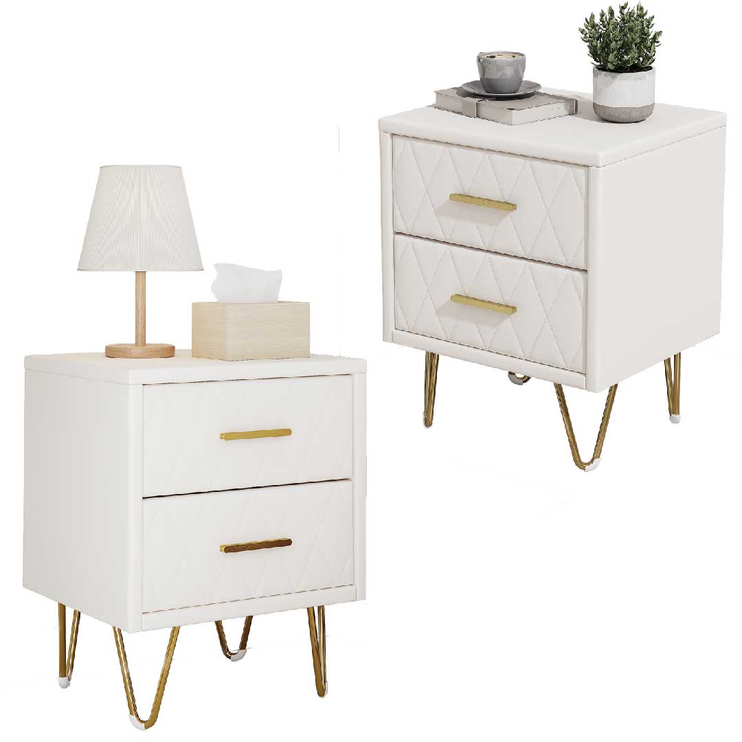 Yelenaro Nachttisch mit 2 Schubladen, Weiß & Gold, Modern 51 cm