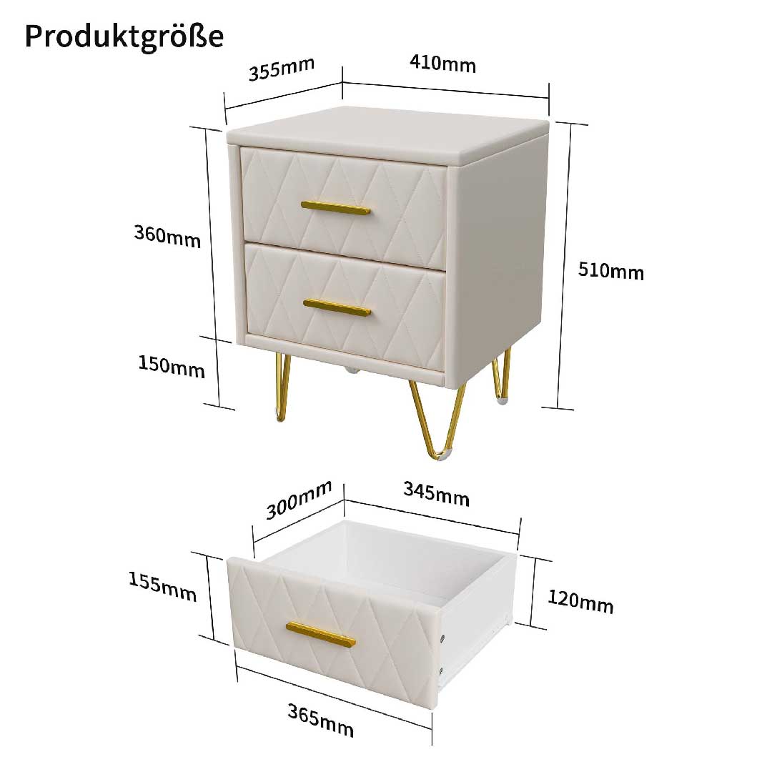Yelenaro Nachttisch mit 2 Schubladen, Weiß & Gold, Modern 51 cm
