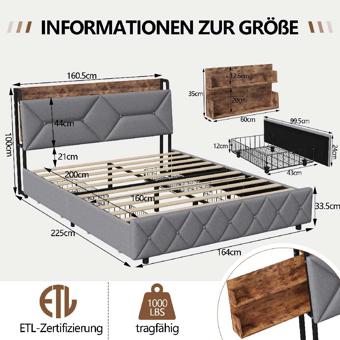 Abmessungen des Yelenaro Polsterbetts 160x200 cm – Bett mit USB- und Typ-C-Anschlüssen, Regal im Kopfteil und großzügigem Stauraum unter dem Bett.