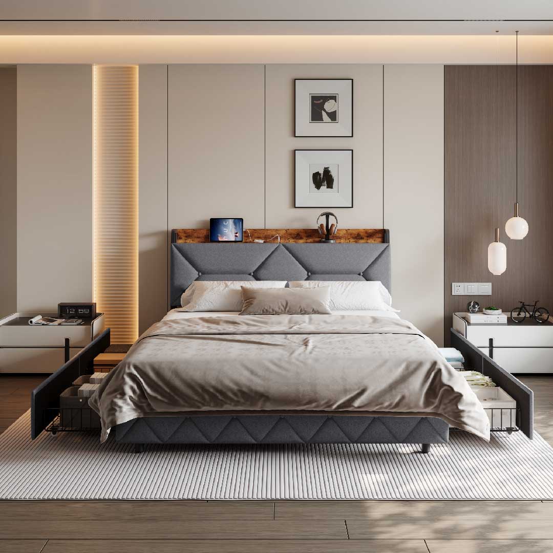Modernes Schlafzimmer mit Yelenaro Polsterbett in Grau – USB-Ladeanschluss, Kopfteil-Regal und vier Schubladen für zusätzlichen Stauraum.