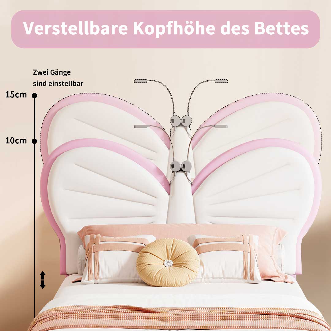 Gepolstertes Schmetterlings-Kopfteil mit verstellbarer Höhe und integrierten LED-Lampen