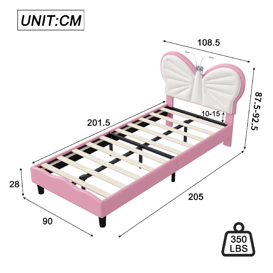 Maße Kinderbett 90x200 cm mit höhenverstellbarem Kopfteil und LED-Beleuchtung