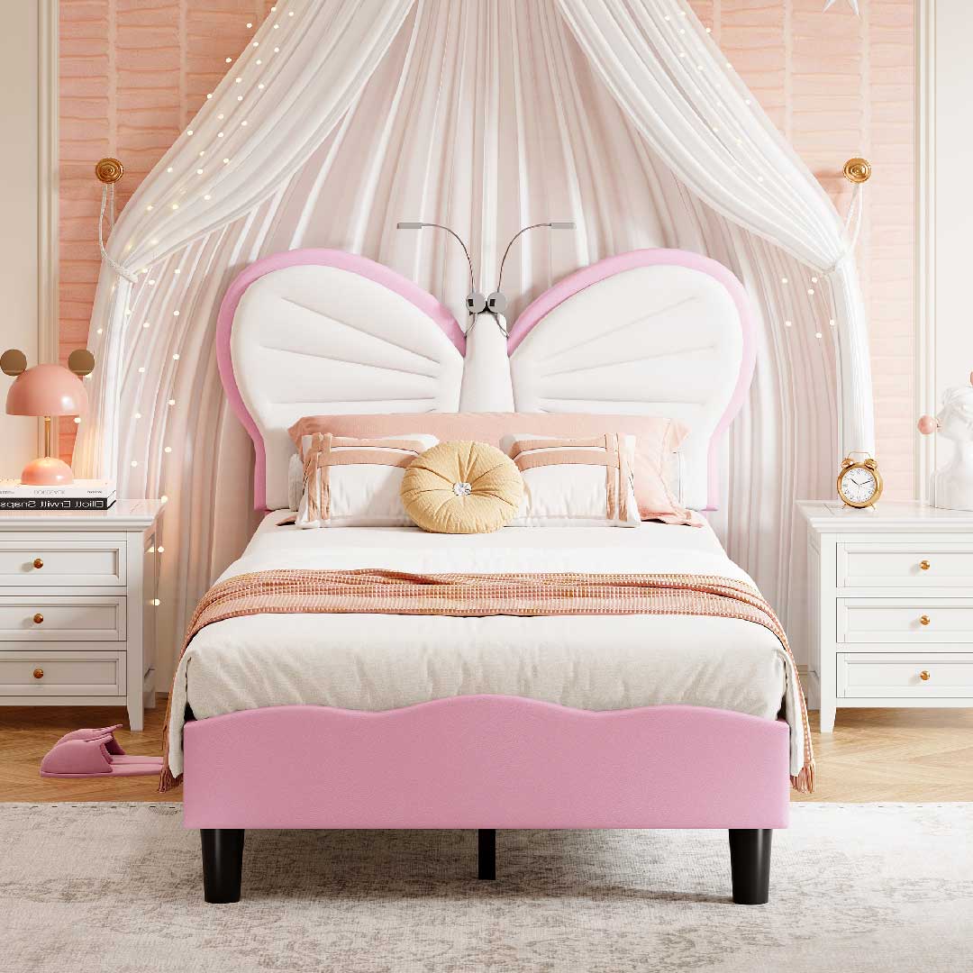 Kinderbett 90x200 cm Schmetterling rosa mit gepolstertem Kopfteil und LED-Leselicht