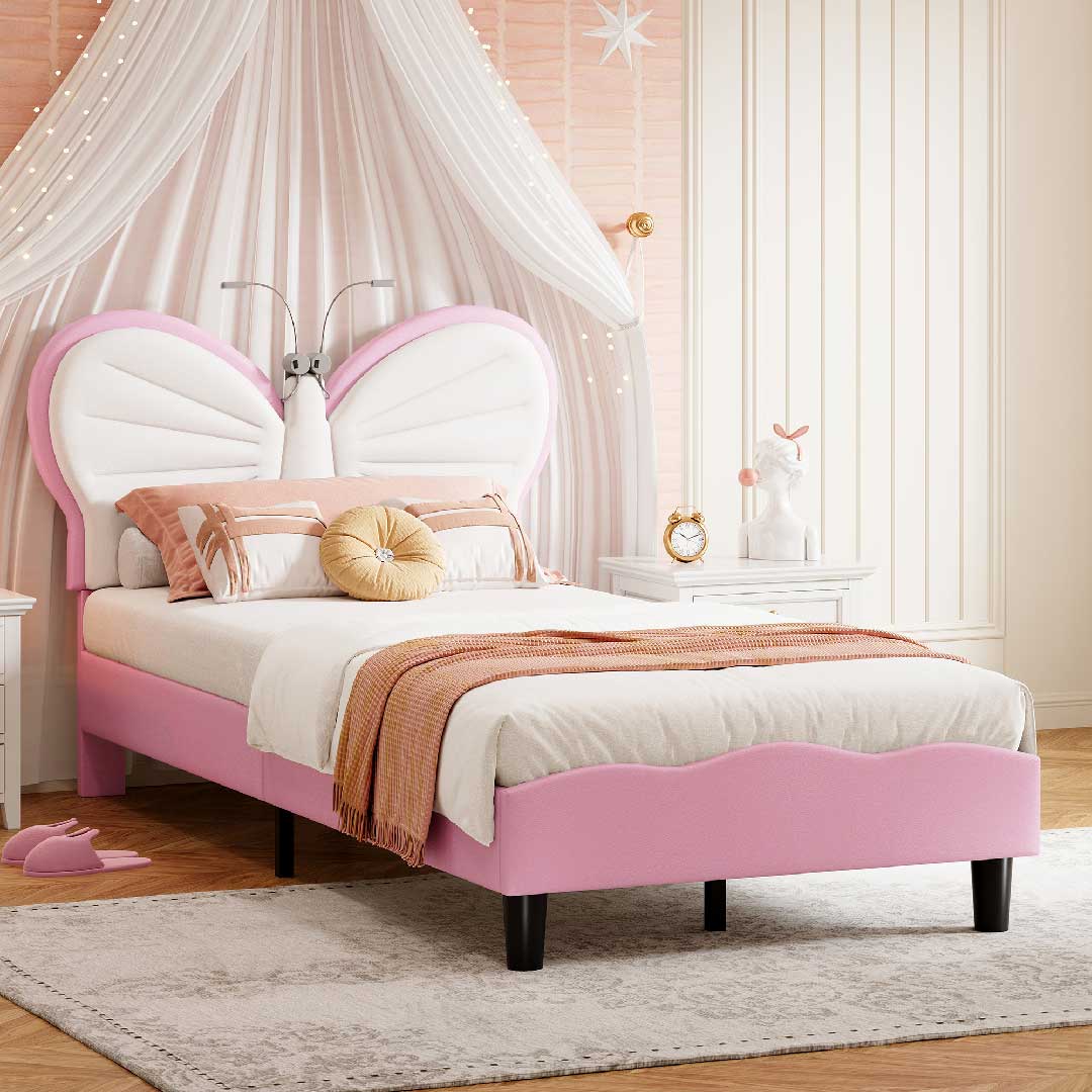 Rosa Kinderbett 90x200 mit bodenfreiem Design und stabilen schwarzen Füßen