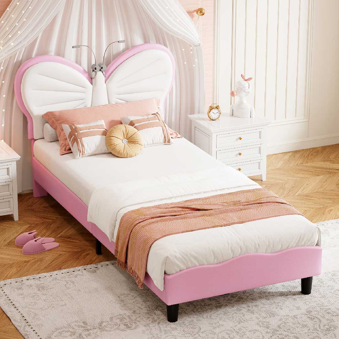 Yelenaro Kinderbett 90x200 im Mädchenzimmer mit Schmetterlings-Design und weicher Polsterung