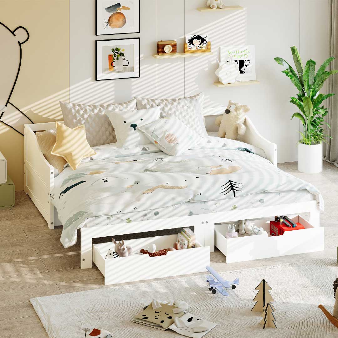 Tagesbett Ausziehbar 90/180x200 cm mit 2 Schubladen – Massivholz Gästebett mit Ausziehfunktion & Lattenrost, Weiß