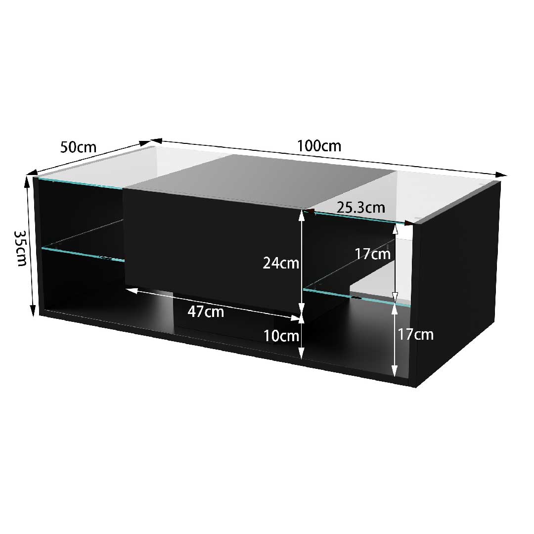 Yelenaro LED Couchtisch – Moderner Hochglanz-Wohnzimmertisch mit Glasablage & Schublade