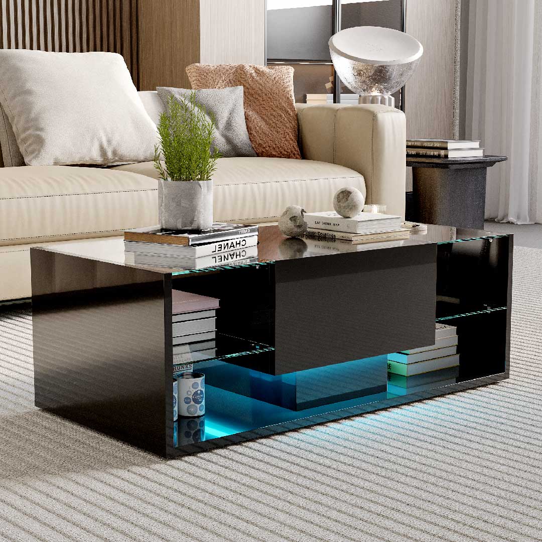 Yelenaro LED Couchtisch – Moderner Hochglanz-Wohnzimmertisch mit Glasablage & Schublade
