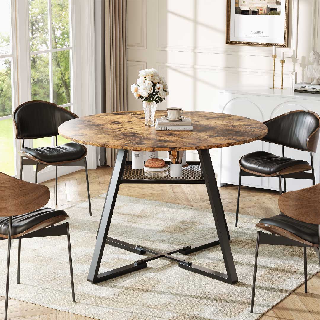 Runder Esstisch 120 cm im Vintage-Industrial-Stil mit Holzplatte und Metallbeinen, ideal für 4–6 Personen