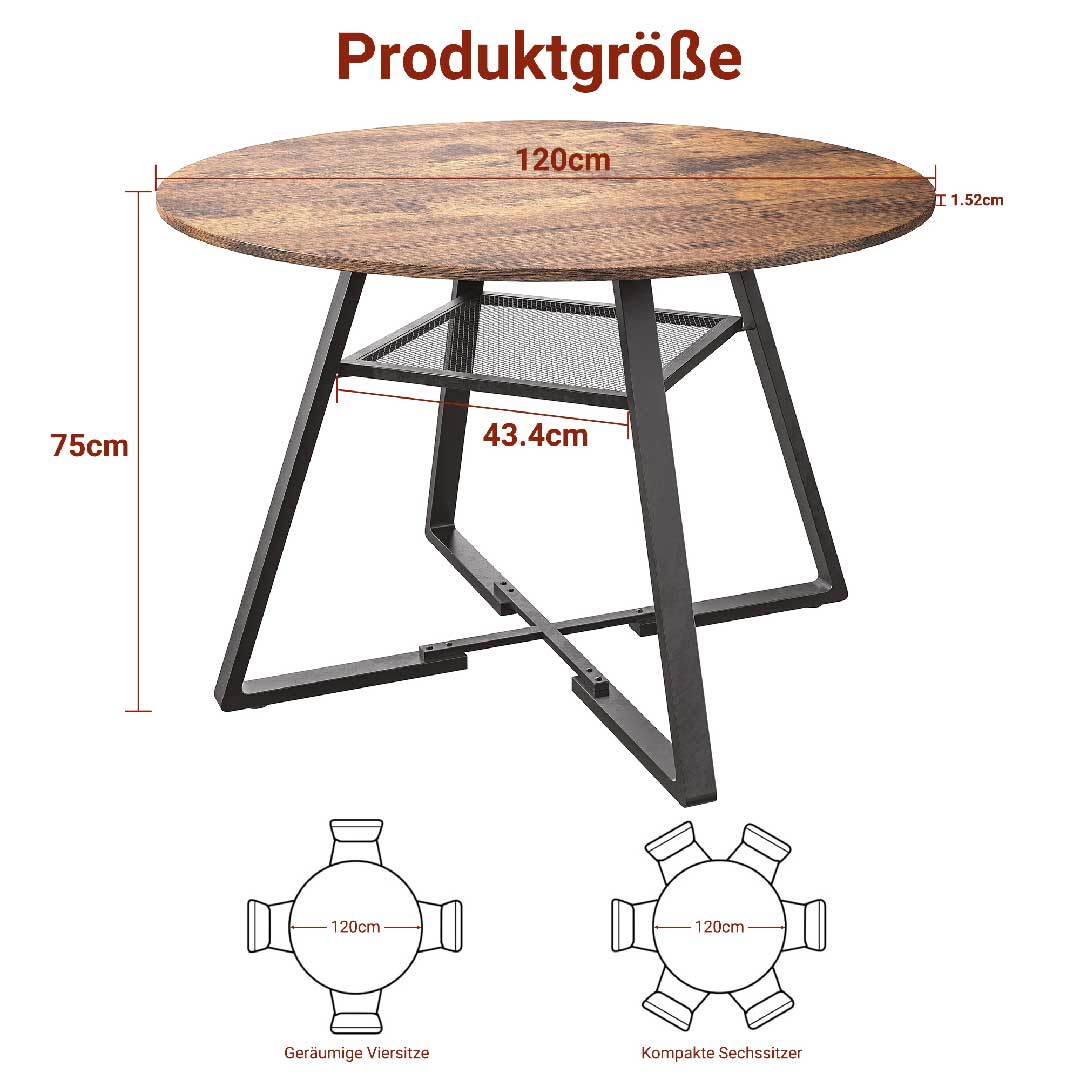 Produktgröße runder Esstisch 120 cm Durchmesser und 75 cm Höhe mit Maßangaben