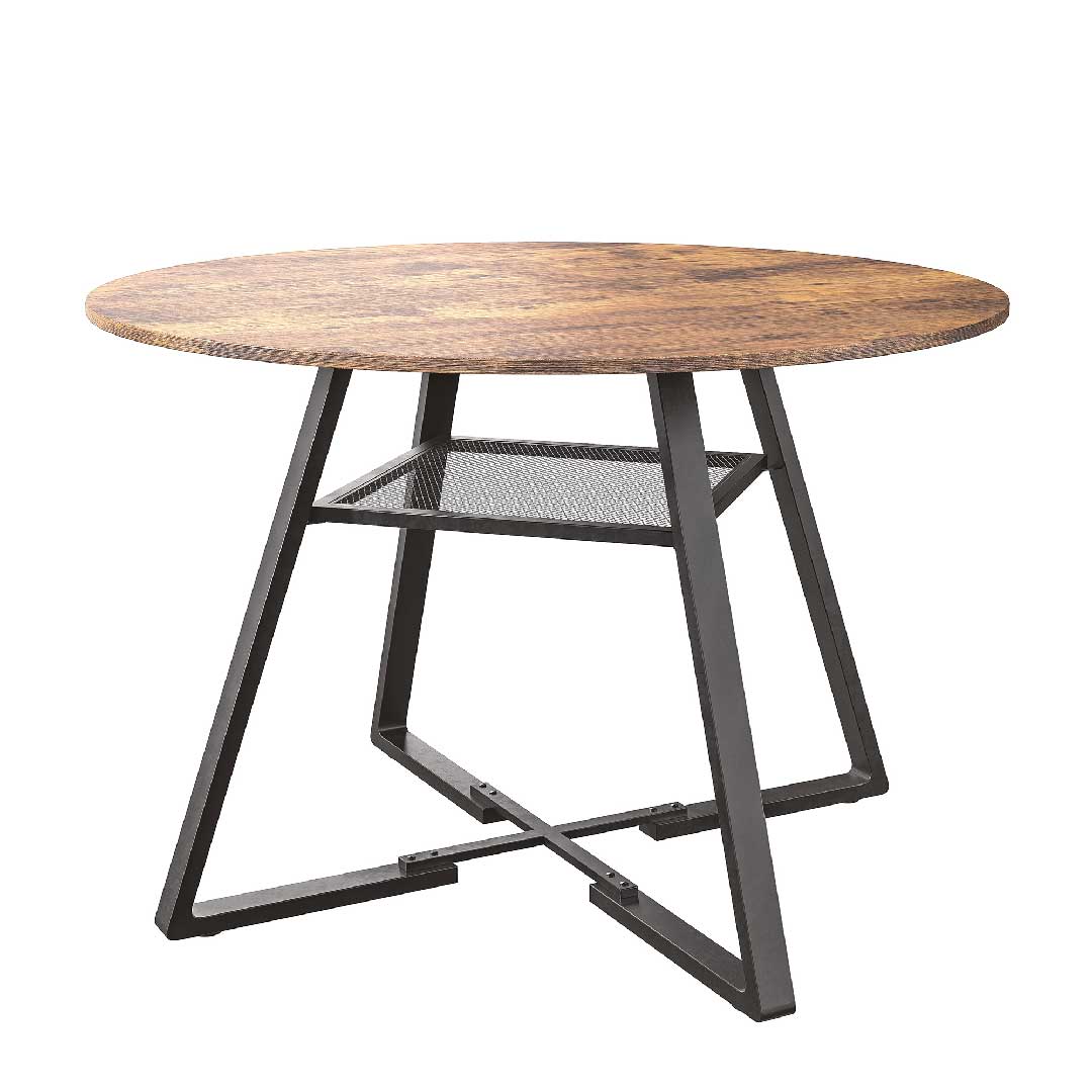 Runder Holztisch 120 cm mit Metallbeinen im Vintage-Stil freigestellt auf weißem Hintergrund