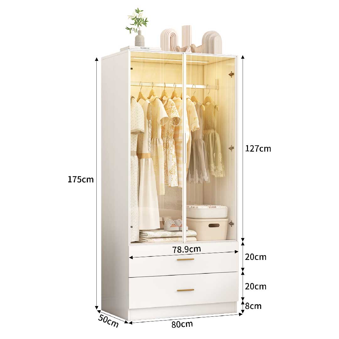 Yelenaro Kleiderschrank mit LED & Glastüren – Weißer Schrank mit 2 Schubladen