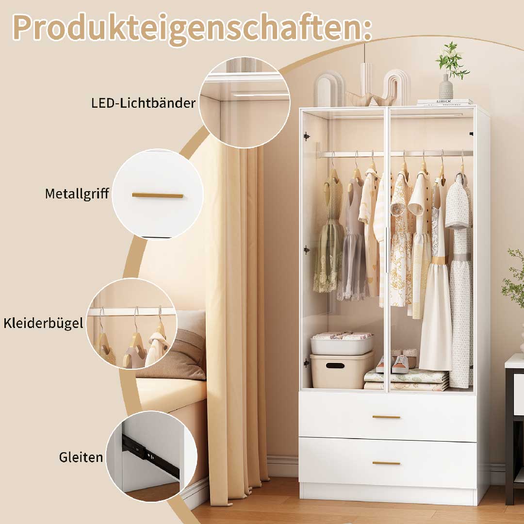 Yelenaro Kleiderschrank mit LED & Glastüren – Weißer Schrank mit 2 Schubladen