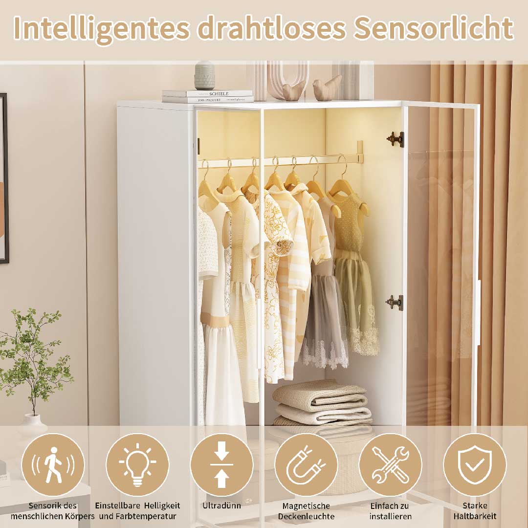 Yelenaro Kleiderschrank mit LED & Glastüren – Weißer Schrank mit 2 Schubladen