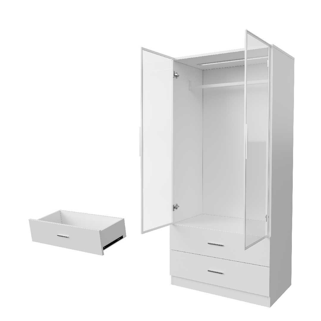Yelenaro Kleiderschrank mit LED & Glastüren – Weißer Schrank mit 2 Schubladen