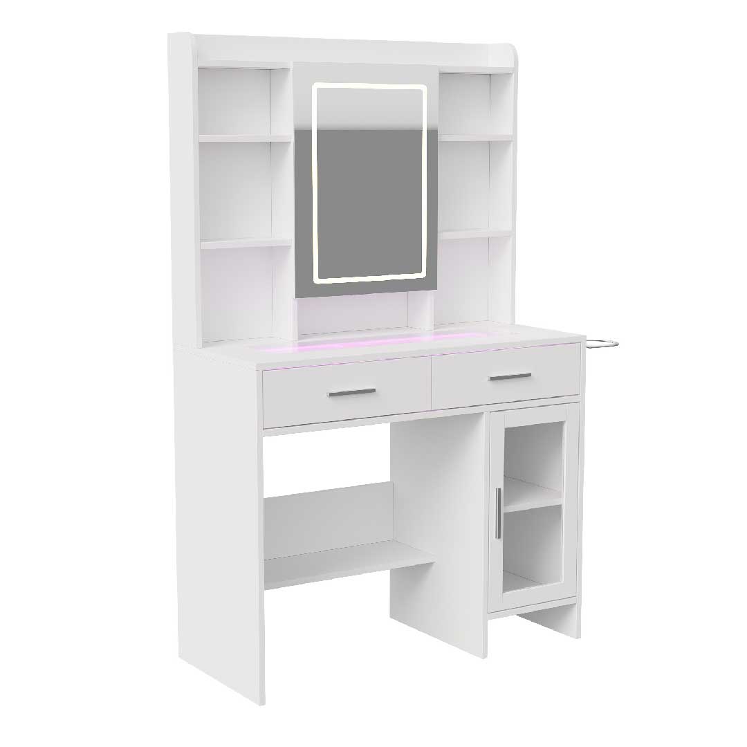 Yelenaro Schminktisch mit LED & RGB – Glasplatte, Steckdosen, 2 Schubladen, offener Stauraum