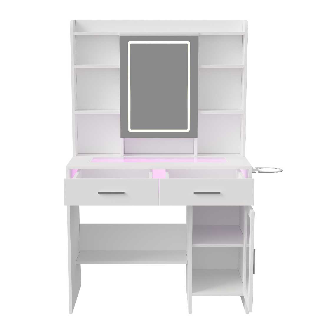 Yelenaro Schminktisch mit LED & RGB – Glasplatte, Steckdosen, 2 Schubladen, offener Stauraum