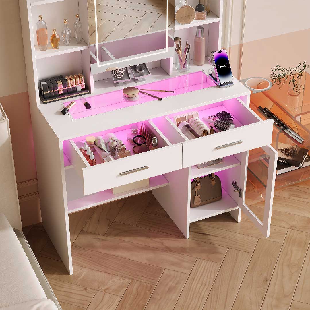 Yelenaro Schminktisch mit LED & RGB – Glasplatte, Steckdosen, 2 Schubladen, offener Stauraum