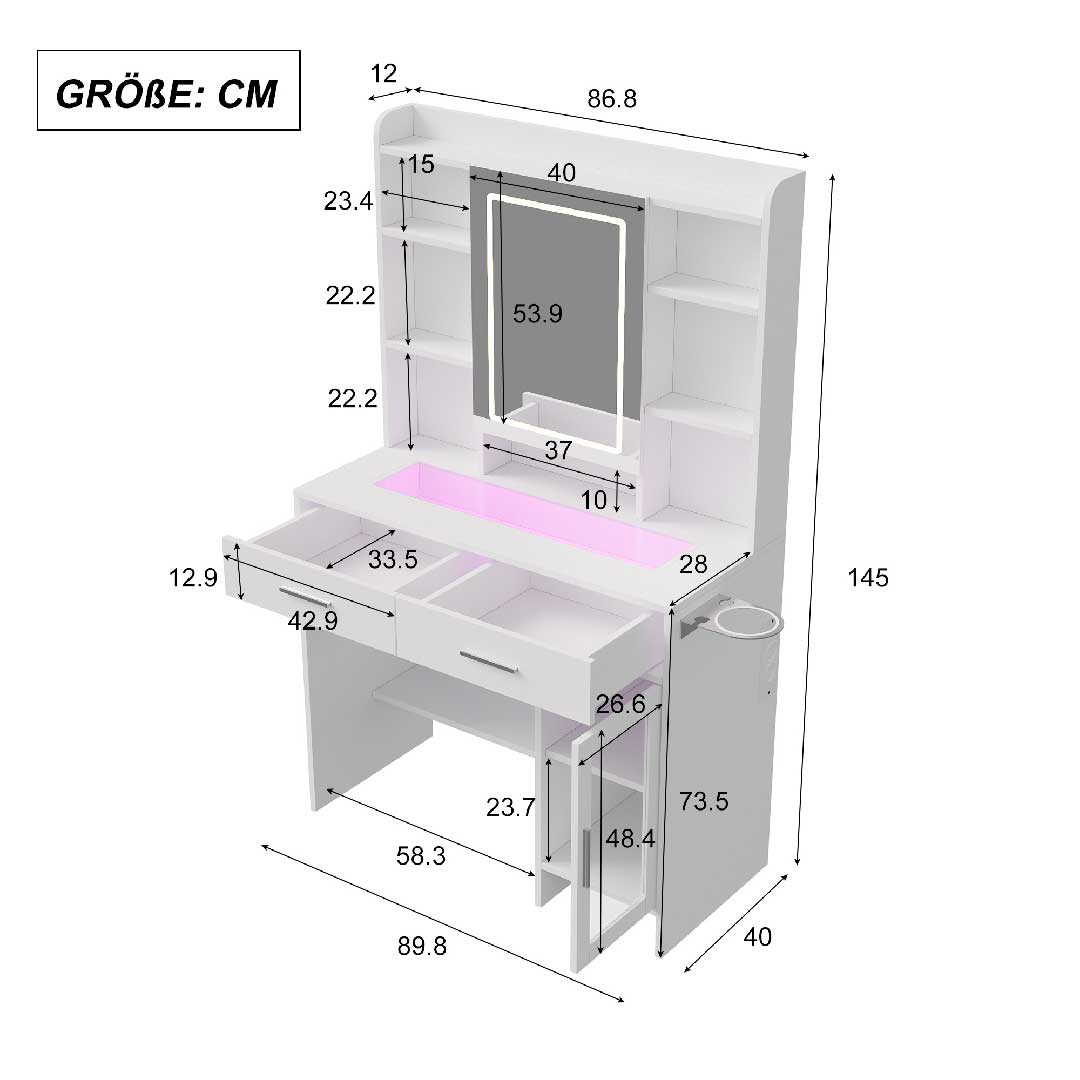 Yelenaro Schminktisch mit LED & RGB – Glasplatte, Steckdosen, 2 Schubladen, offener Stauraum