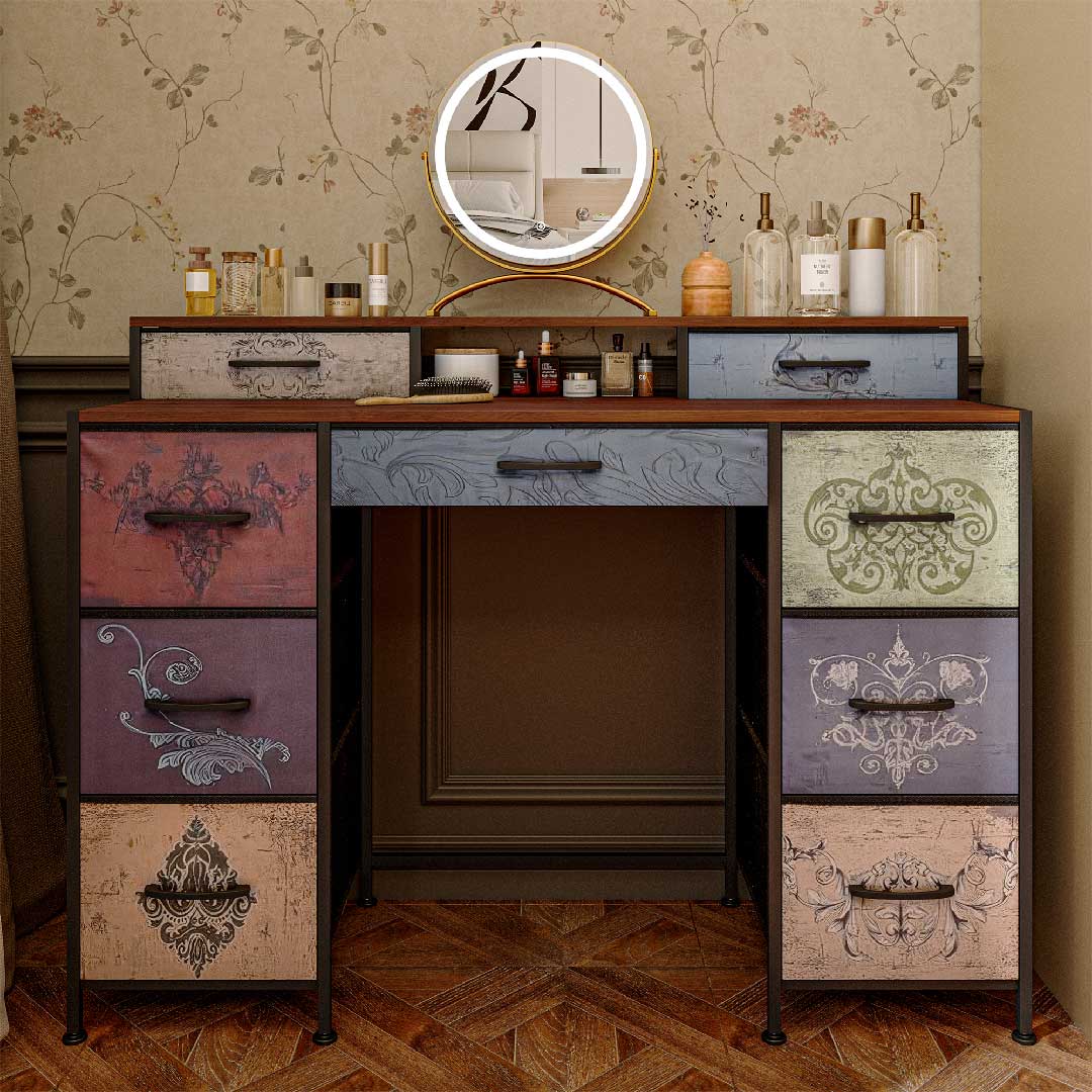 Yelenaro Vintage Kommode mit Stoffschubladen & LED – Metallrahmen, Holzplatte