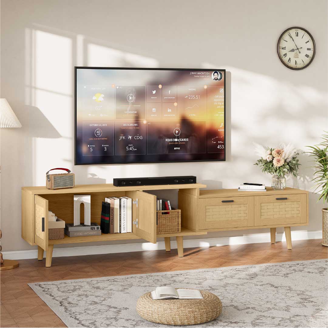 Yelenaro utdragbar tv-bänk i trä med rottingfront – 146-180 cm