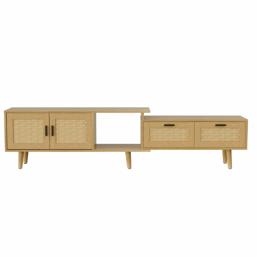 Yelenaro utdragbar tv-bänk i trä med rottingfront – 146-180 cm