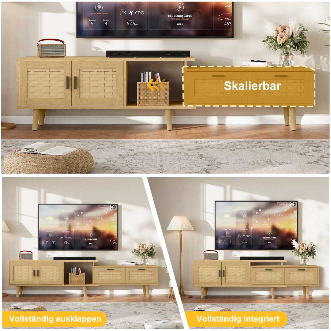 Yelenaro utdragbar tv-bänk i trä med rottingfront – 146-180 cm