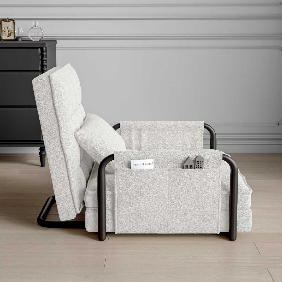 Yelenaro Bouclé Klappsofa ausgezogen – 4-in-1 Schlafsessel mit Liegefläche, multifunktionales Möbel für kleine Räume