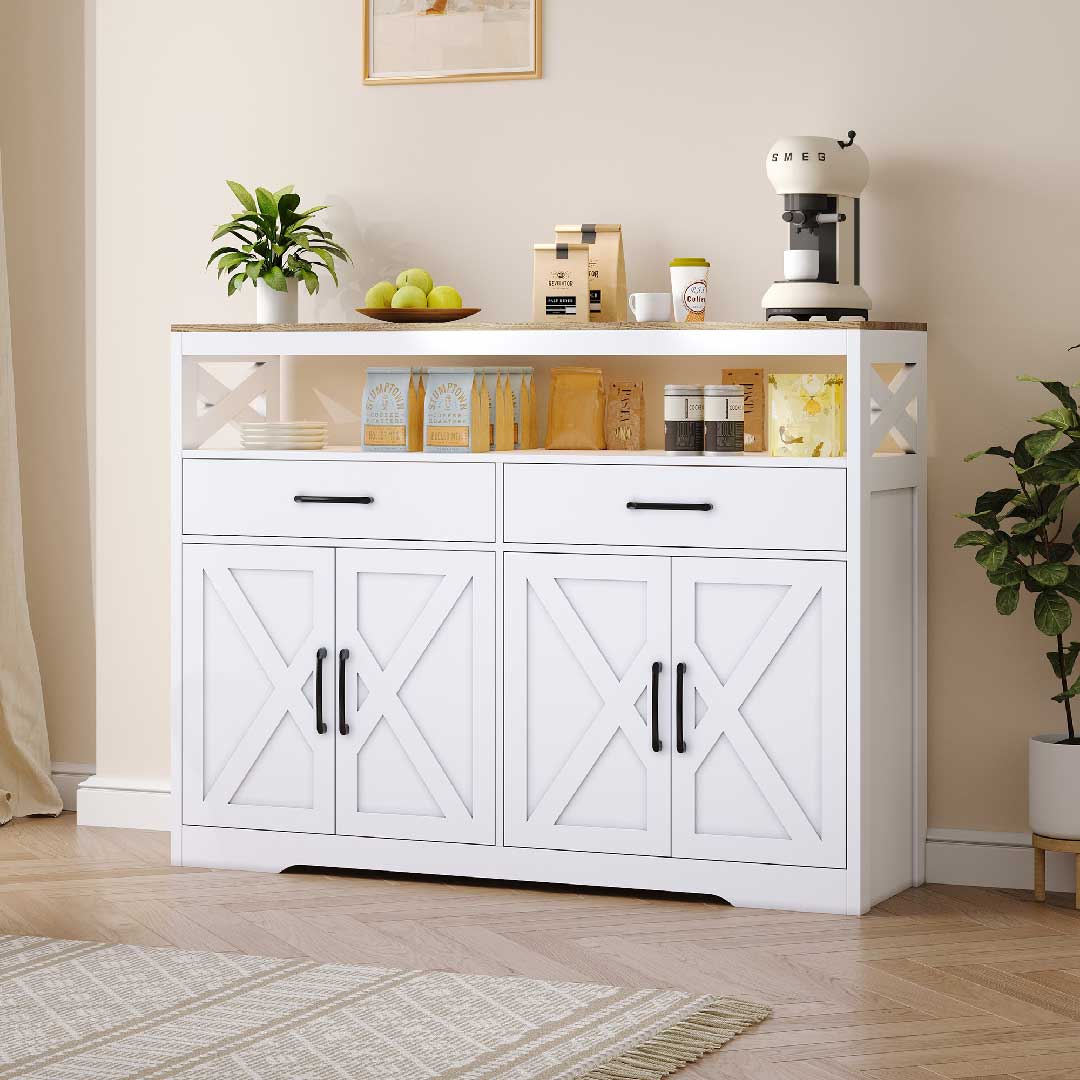 Yelenaro Sideboard Weiß 140 cm mit warmer Holz-Arbeitsplatte, zeitloses Design für stilvolle Wohnräume