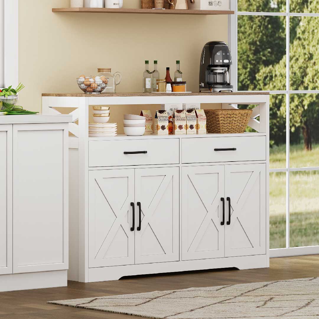 Yelenaro Sideboard mit Arbeitsplatte in Weiß, modernes Stauraummöbel mit Schubladen und Türen im Küchenbereich eingesetzt