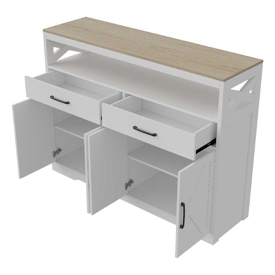 Yelenaro Sideboard Weiß 140 cm mit geöffneten Türen und Schubladen, großzügiger Stauraum mit Einlegeböden und Holz-Arbeitsplatte