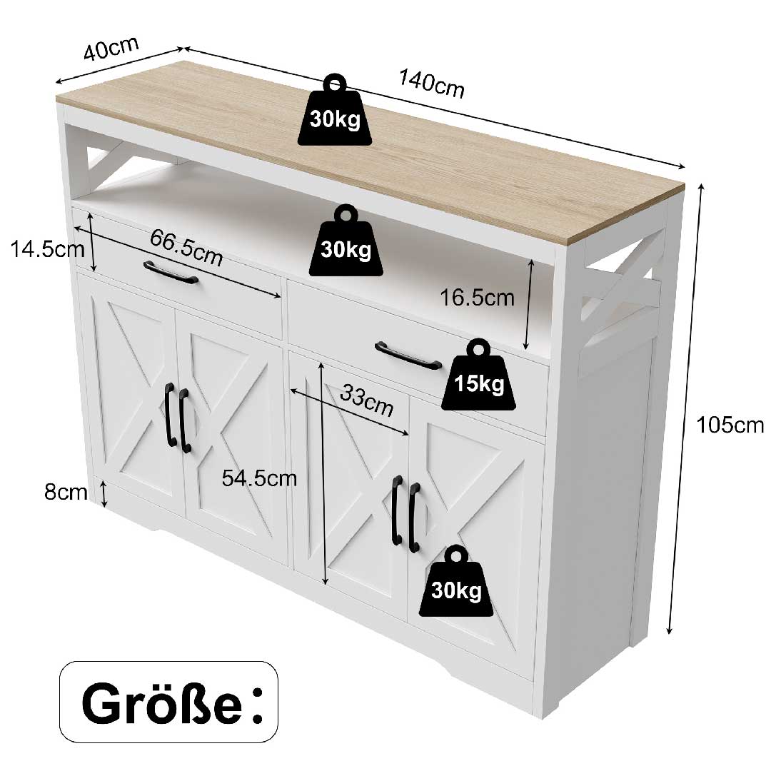 Yelenaro Sideboard 140 cm breit mit Arbeitsplatte, Maßangaben und Tragkraft der Schubladen und Fächer im Überblick