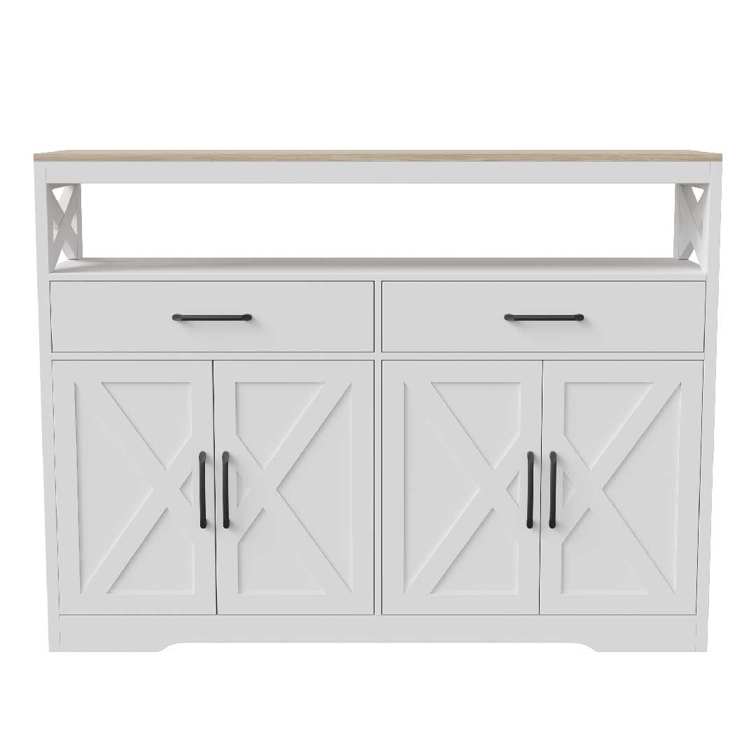 Weißes Yelenaro Sideboard mit Arbeitsplatte, zwei Schubladen und vier Türen, modernes Stauraummöbel für Küche oder Esszimmer