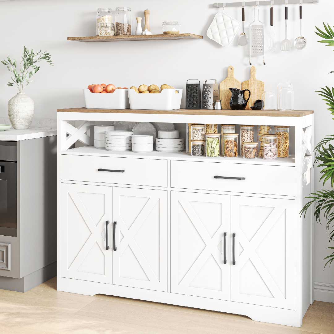Weißes Küchensideboard 140 cm von Yelenaro mit Holzplatte, ideal für Geschirr, Vorräte und Küchenorganisation