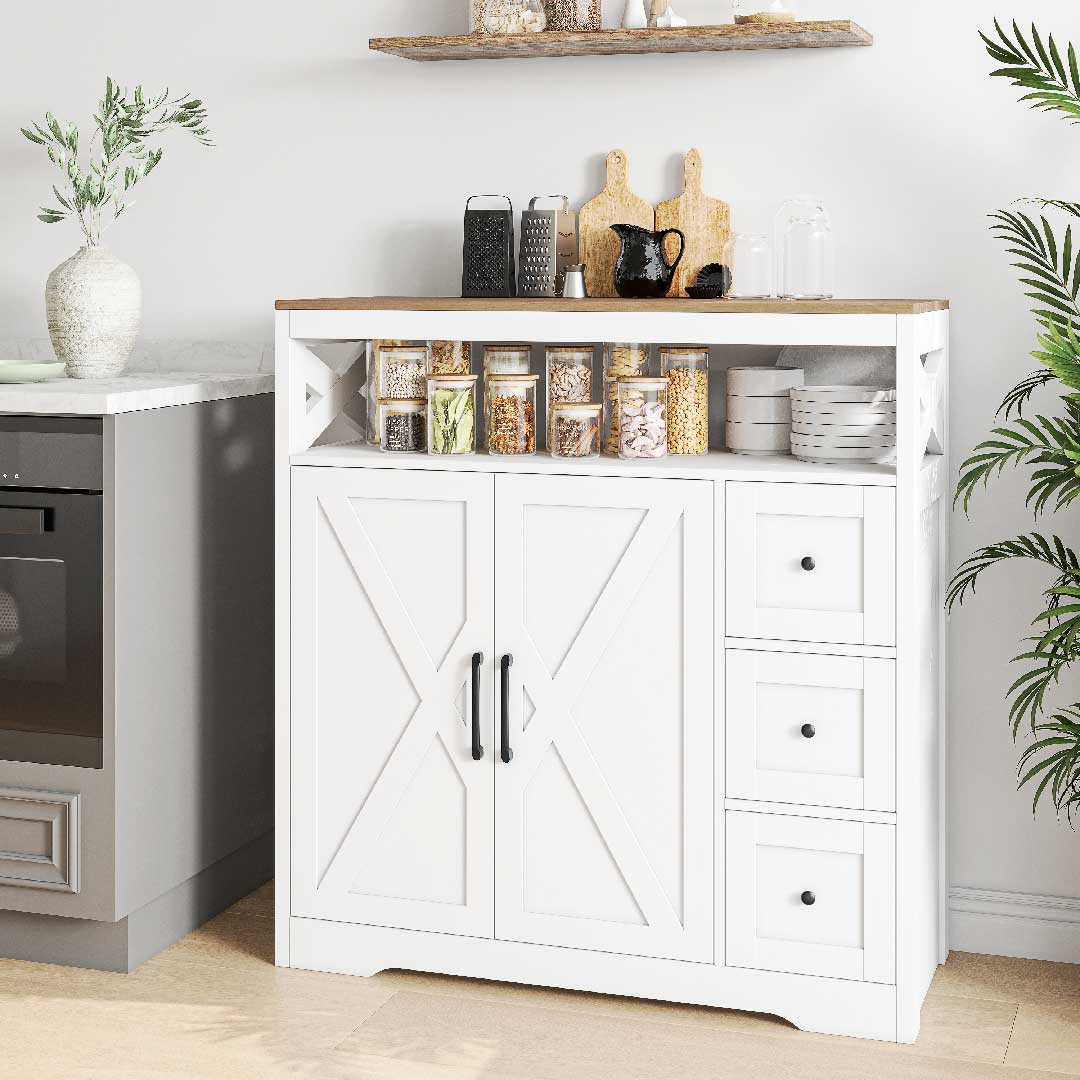 Yelenaro Sideboard mit Türen und Schubladen, durchdachtes Stauraummöbel für Küchenutensilien und Vorratsgläser