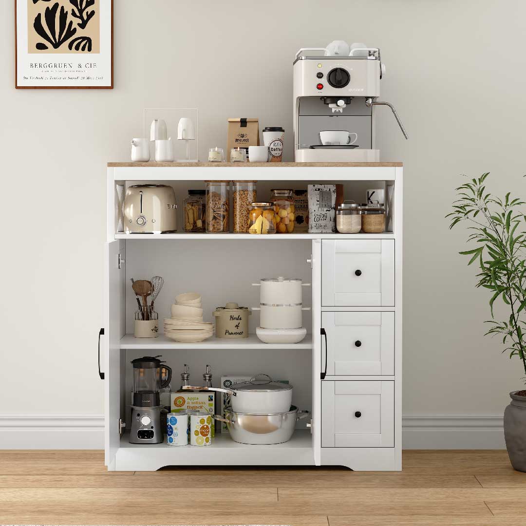 Vielseitiges Sideboard mit Schubladen, Türen und offenen Fächern, ideal für Küche, Esszimmer oder Wohnzimmer