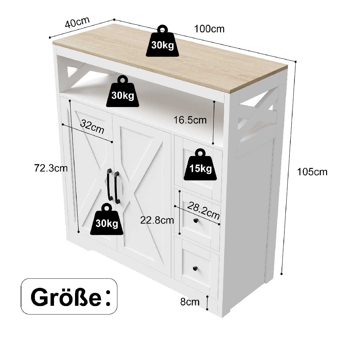 Yelenaro Sideboard 100 cm mit Arbeitsplatte, Maßzeichnung und Tragfähigkeit der Schubladen und Schrankfächer
