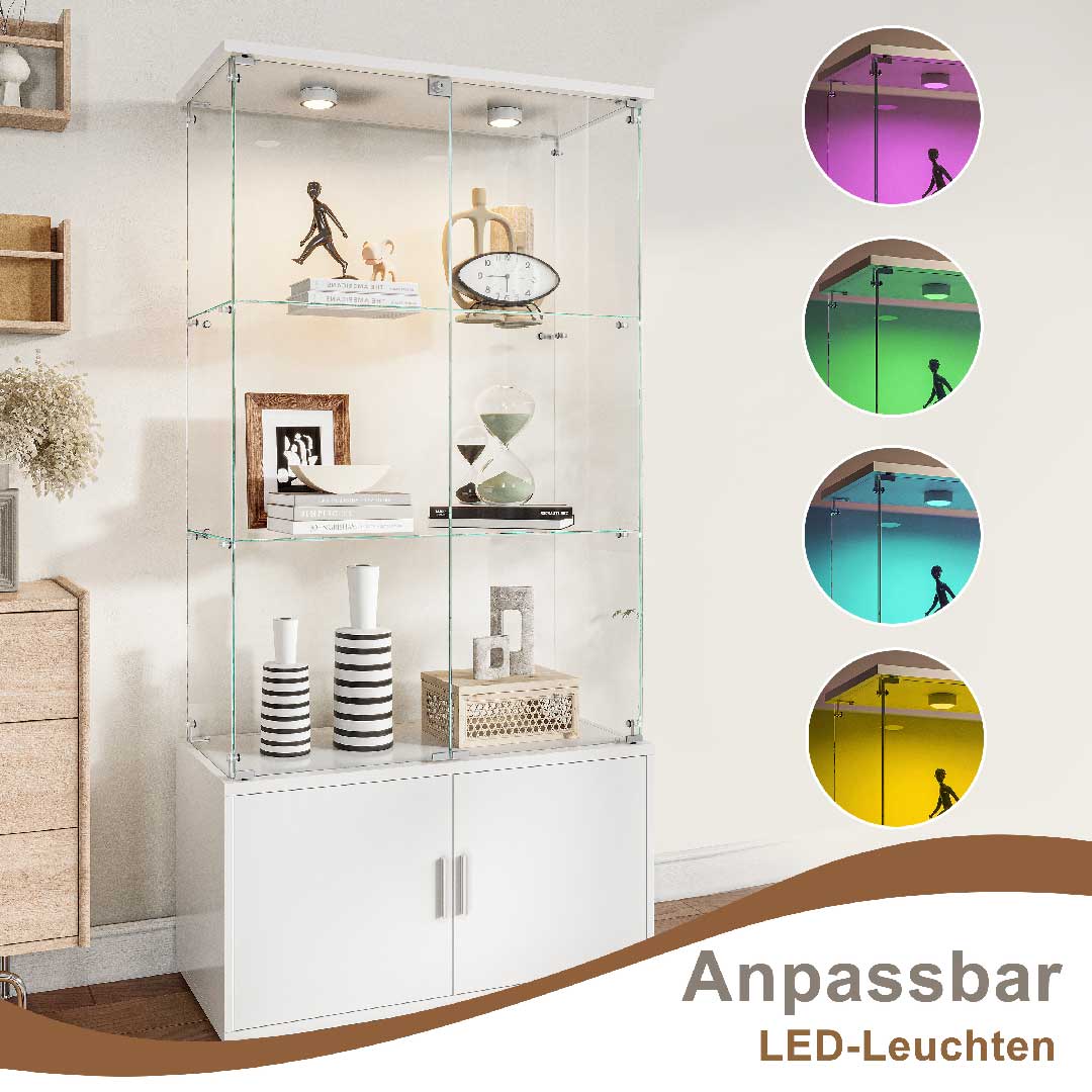 Weiße Glasvitrine 164 cm mit anpassbarer LED-Beleuchtung – Vitrine aus Sicherheitsglas mit Farbwechsel für moderne Wohnräume