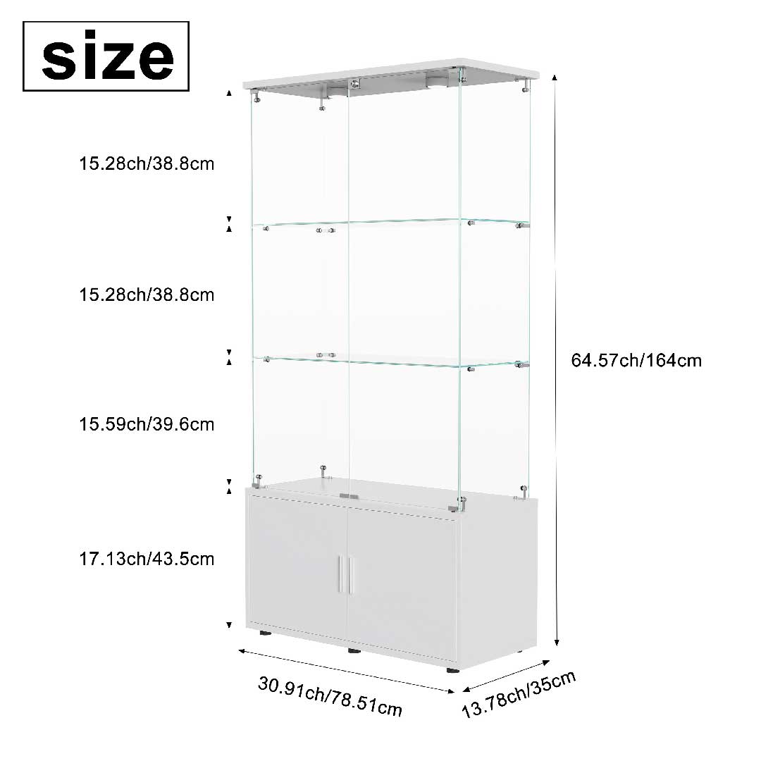 Maßzeichnung der Glasvitrine 164 cm – Vitrine mit Glasböden, Unterschrank und Gesamtmaßen 164 × 78,5 × 35 cm